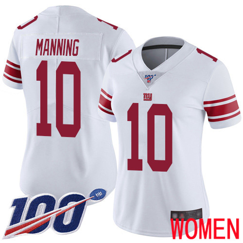 Women New York Giants 10 Eli Manning White Vapor Untouchable Limited Player 100th Season Football NFL Jersey
